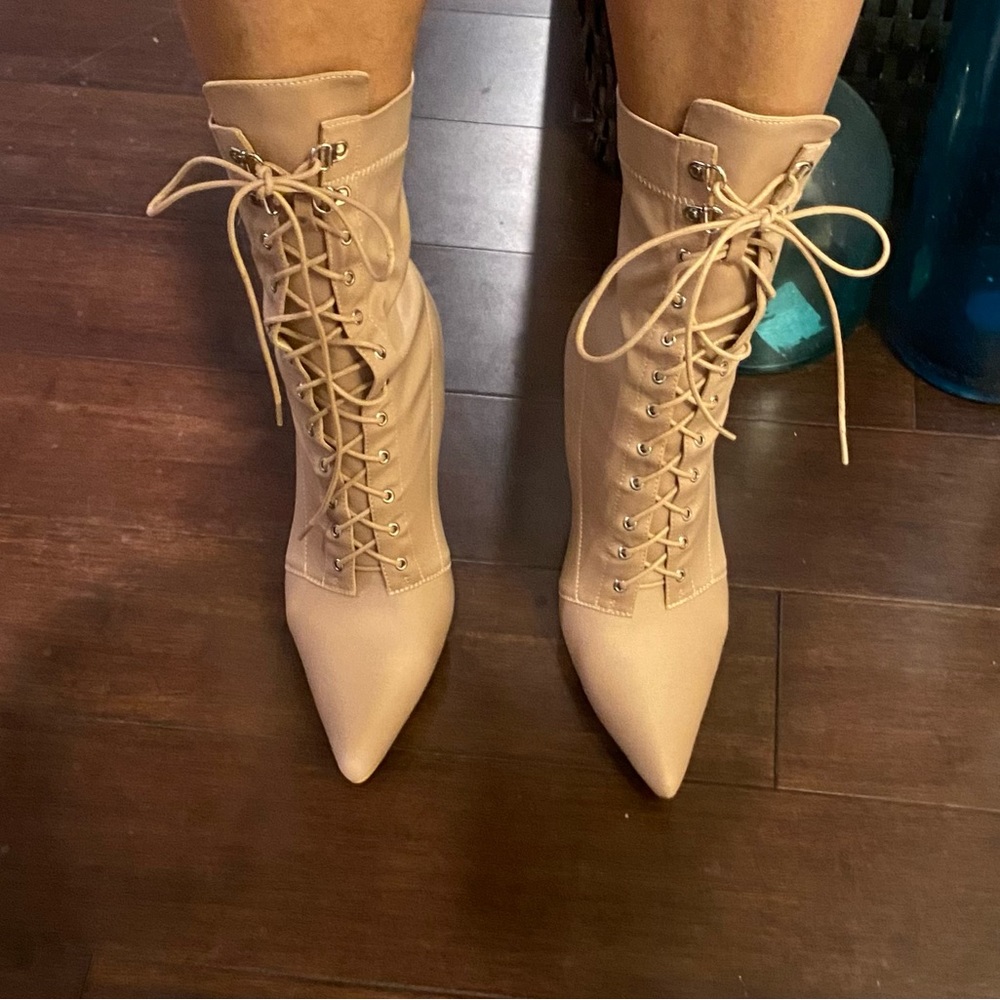 Pretty Little Thing Beige Lycra Lace Up Pointed Toe Block Heel Sock Boots